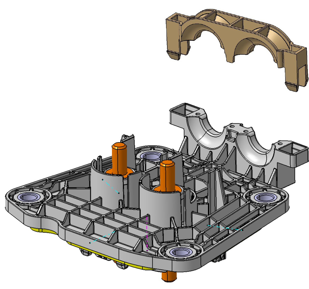 Exploded illustration of the two-way pass-through header, clamp and two eyelet connection points