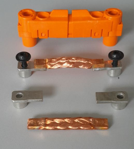 Orange protective housing, flexible copper busbar and connector components