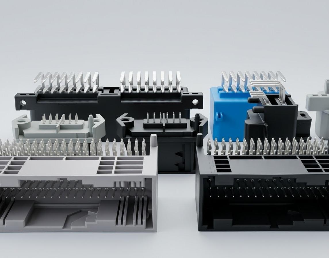 Close view of several Lear pin header connector configurations